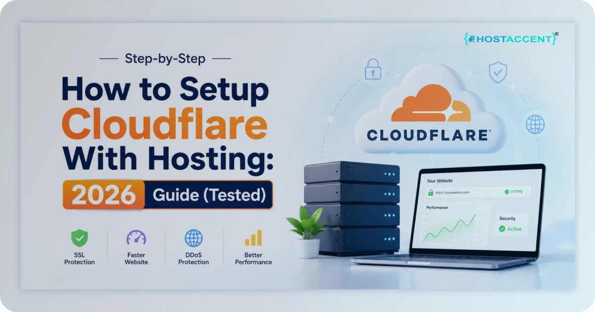 Step-by-step diagram showing how to setup Cloudflare with hosting using DNS, SSL, and caching settings for 2026