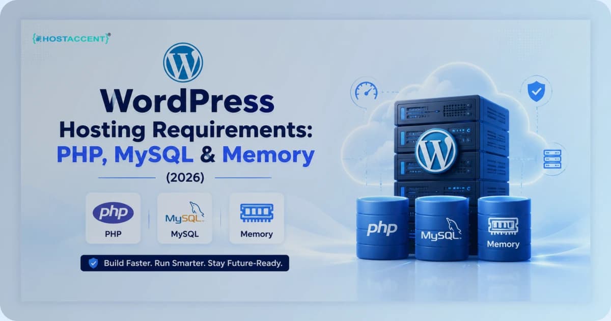 Infographic of WordPress hosting requirements for 2026 showing PHP version, MySQL and MariaDB, and memory limits explained