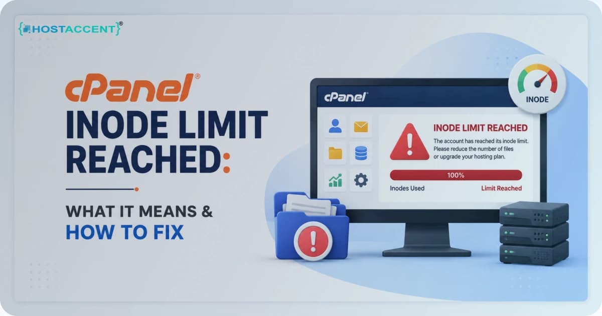Dashboard view of a cPanel inode limit reached warning with file usage stats and cleanup steps for 2026