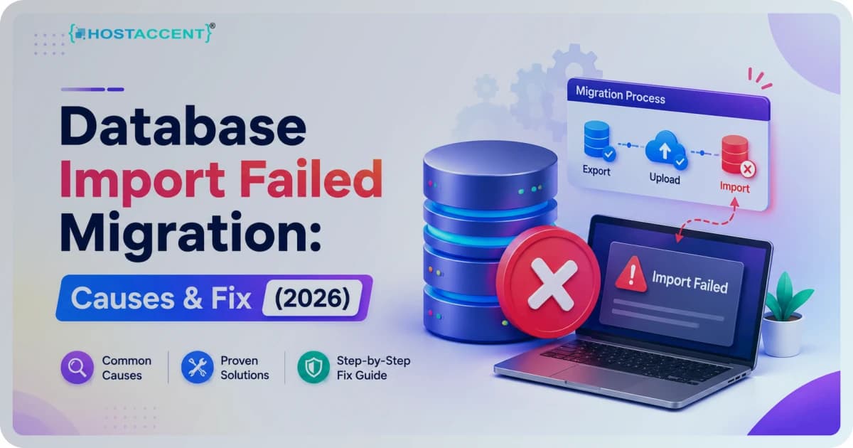 Terminal showing a database import failed migration error beside the SQL commands that fix it during a 2026 server move