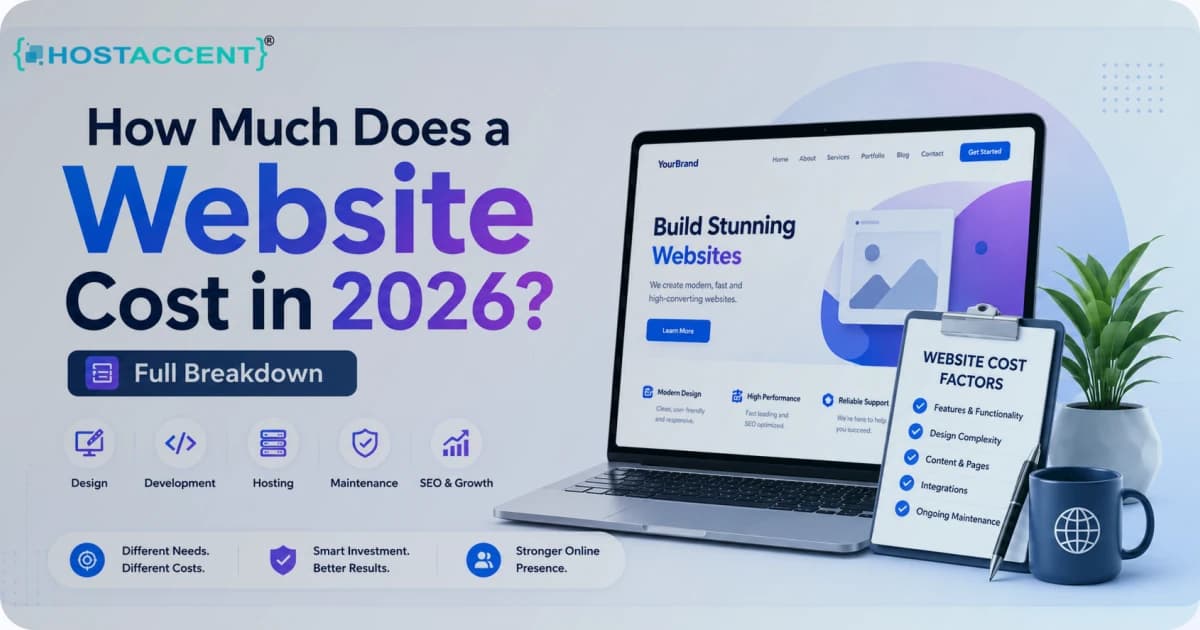 Detailed website cost breakdown chart showing domain, hosting, and design expenses for 2026 — how much does a website cost