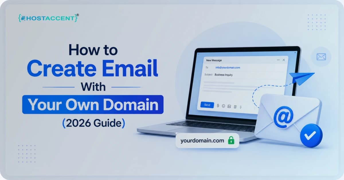 Step-by-step diagram showing how to create email with own domain, including MX, SPF, DKIM, and DMARC DNS records for 2026