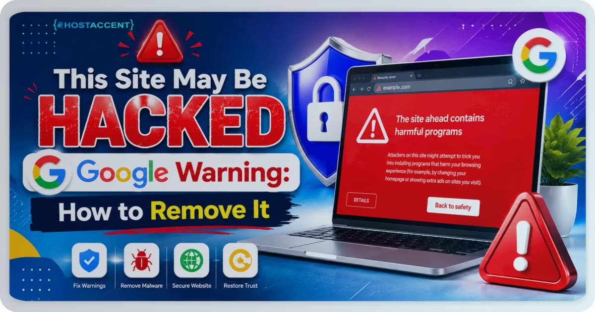 Search result listing showing the this site may be hacked google warning label with steps to remove it in 2026