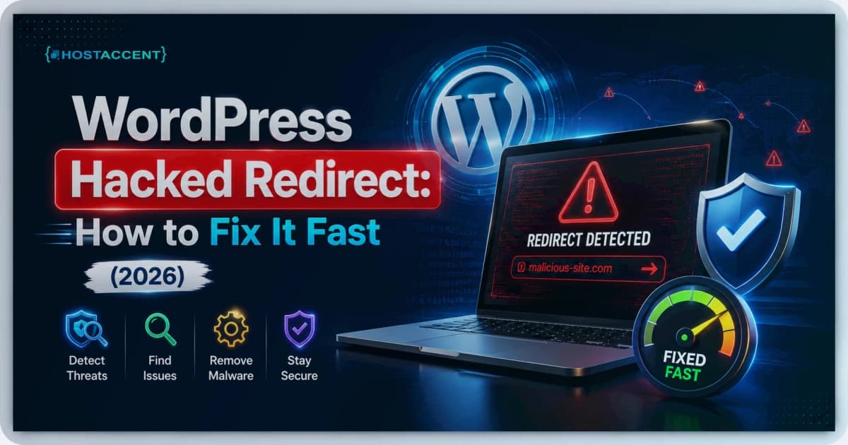 Flowchart tracing a WordPress hacked redirect from a malicious .htaccess rule to a fully cleaned and restored site in 2026