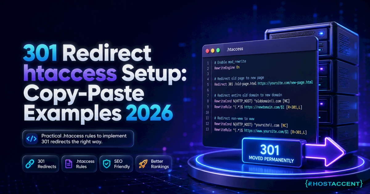 301 redirect htaccess rules with copy-paste examples for pages, domains, www and HTTPS, set up in 2026