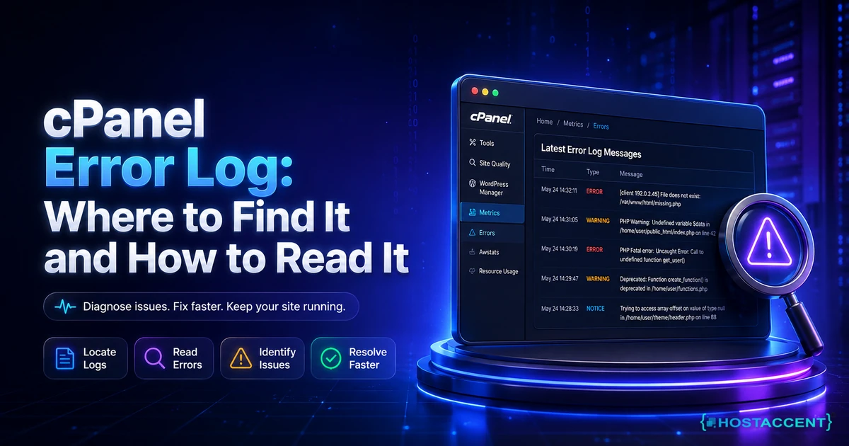 cPanel error log locations and how to read each entry, shown across the Metrics viewer and File Manager in 2026