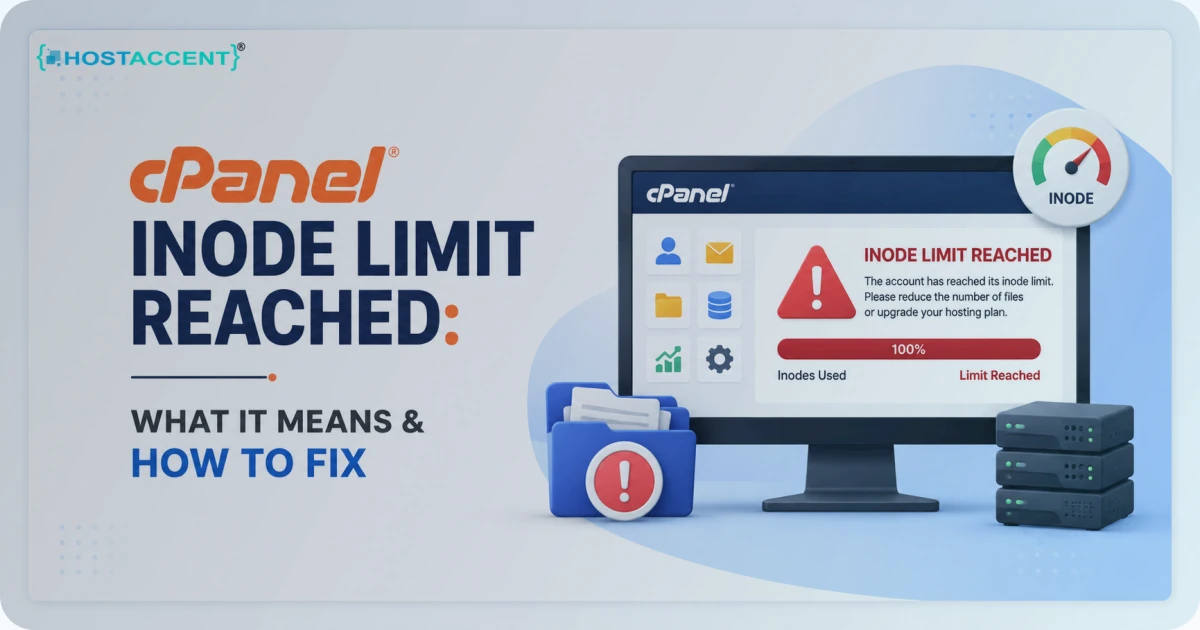 Dashboard view of a cPanel inode limit reached warning with file usage stats and cleanup steps for 2026