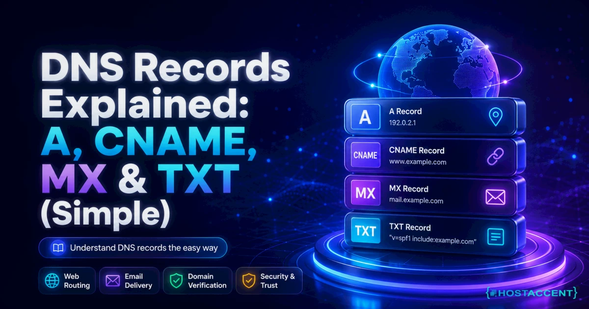 DNS records explained with A, CNAME, MX and TXT record types shown in a domain zone editor for beginners in 2026