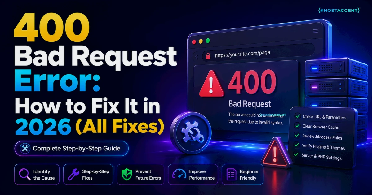 Illustration of a 400 Bad Request error in a browser with the cookie, URL, and header fixes shown step by step for 2026