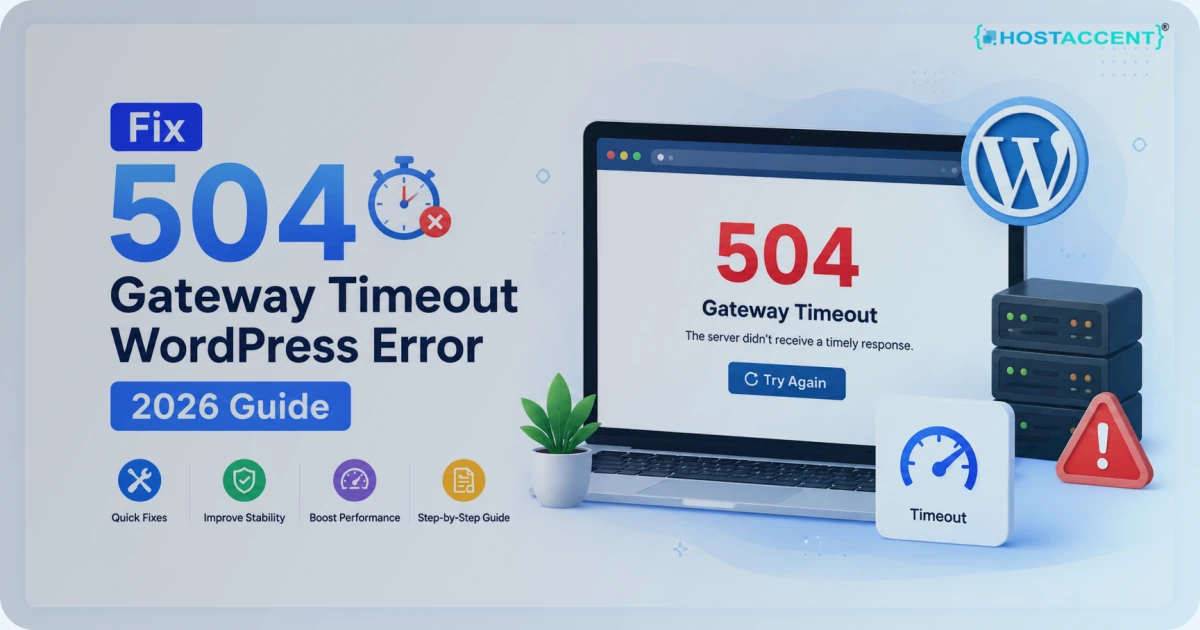 Diagram of how a 504 gateway timeout WordPress error happens between the proxy and PHP, with fix steps for site owners in 2026