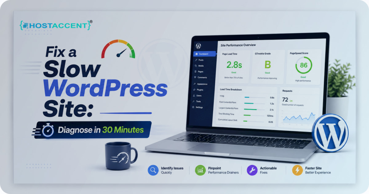 Diagnostic dashboard showing how to fix a slow WordPress site, with load time and Core Web Vitals scores for 2026