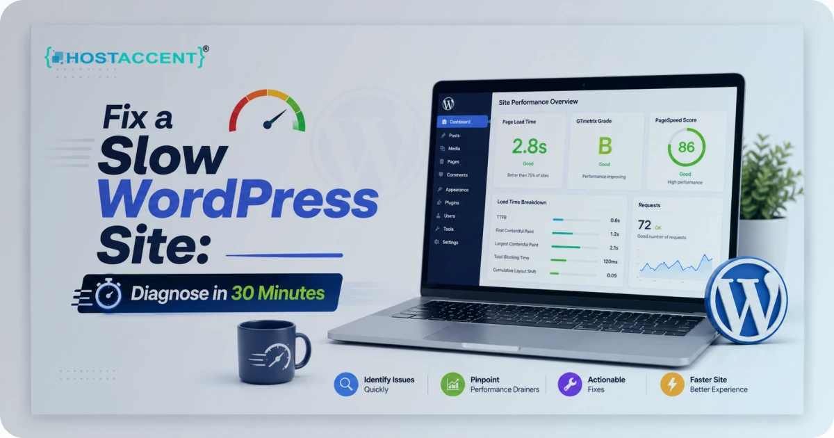 Diagnostic dashboard showing how to fix a slow WordPress site, with load time and Core Web Vitals scores for 2026
