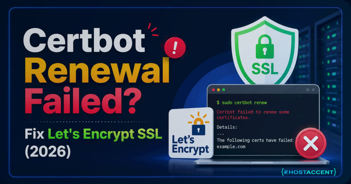 Terminal showing a certbot renewal failed error with Let's Encrypt SSL renewal fix steps for a Linux VPS in 2026