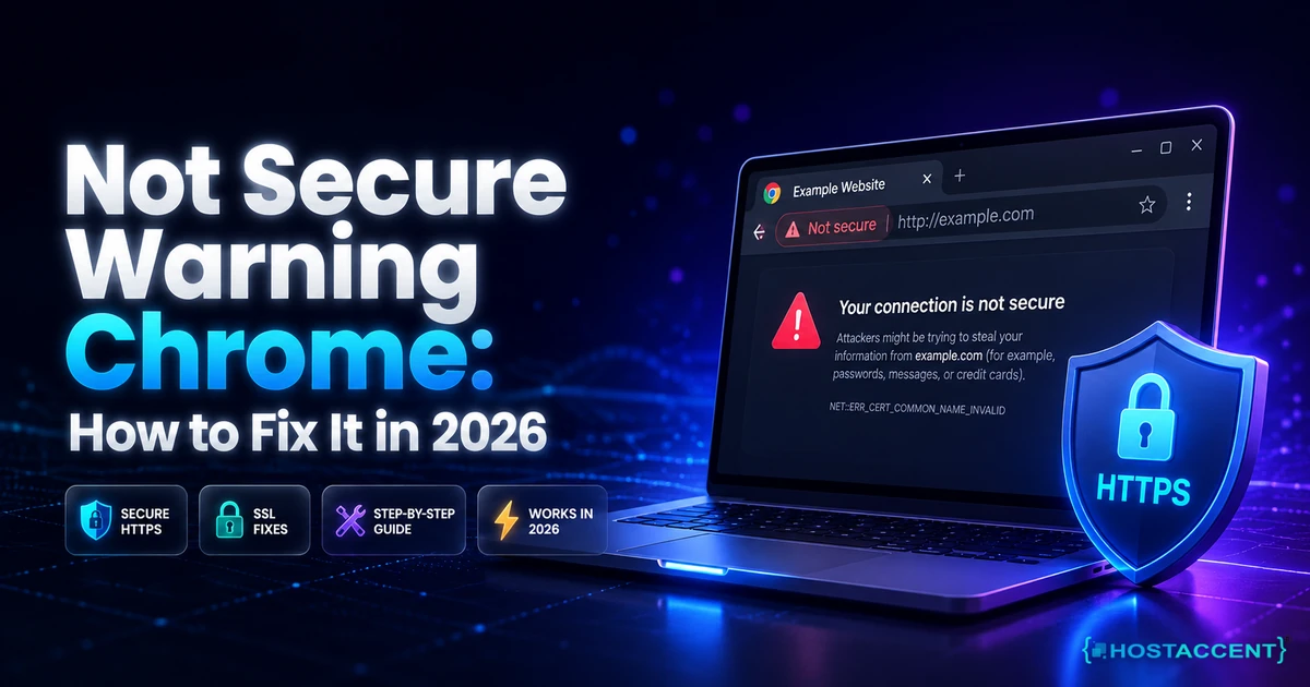 Not secure warning Chrome shows on a website, fixed by installing SSL, forcing HTTPS and clearing mixed content in 2026