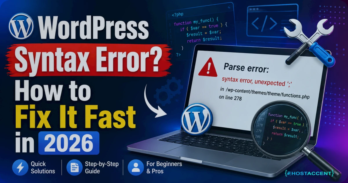 WordPress syntax error in functions.php with the FTP fix steps shown for a quick recovery in 2026