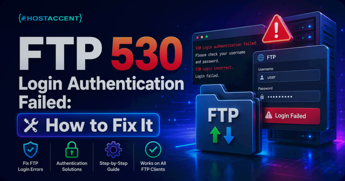 FileZilla window showing the FTP 530 login authentication failed error with the fix steps highlighted for 2026