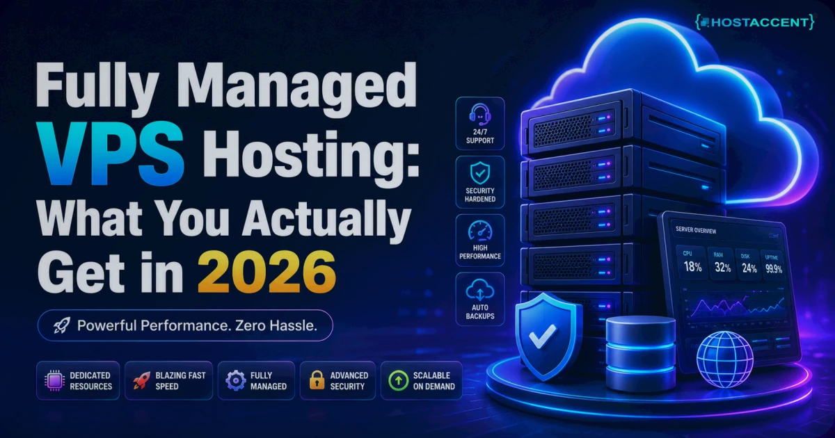 Checklist diagram of what fully managed VPS hosting includes in 2026, from server setup and SSL to backups and monitoring