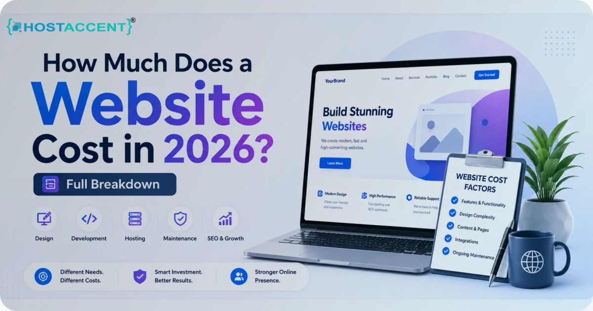 Detailed website cost breakdown chart showing domain, hosting, and design expenses for 2026 — how much does a website cost
