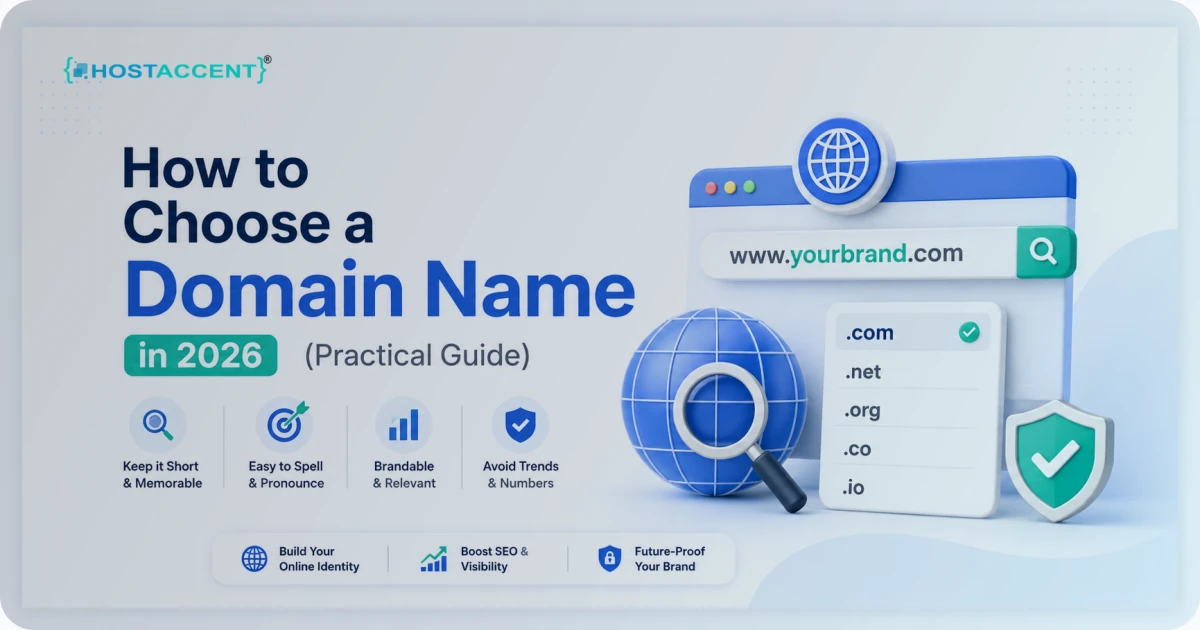 how to choose a domain name in 2026, with examples of extensions, length, and brand checks