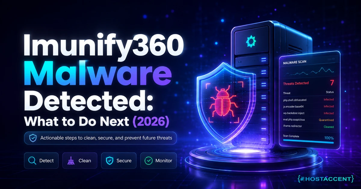 Imunify360 malware detected alert in cPanel showing flagged files, cleanup actions and file statuses in 2026