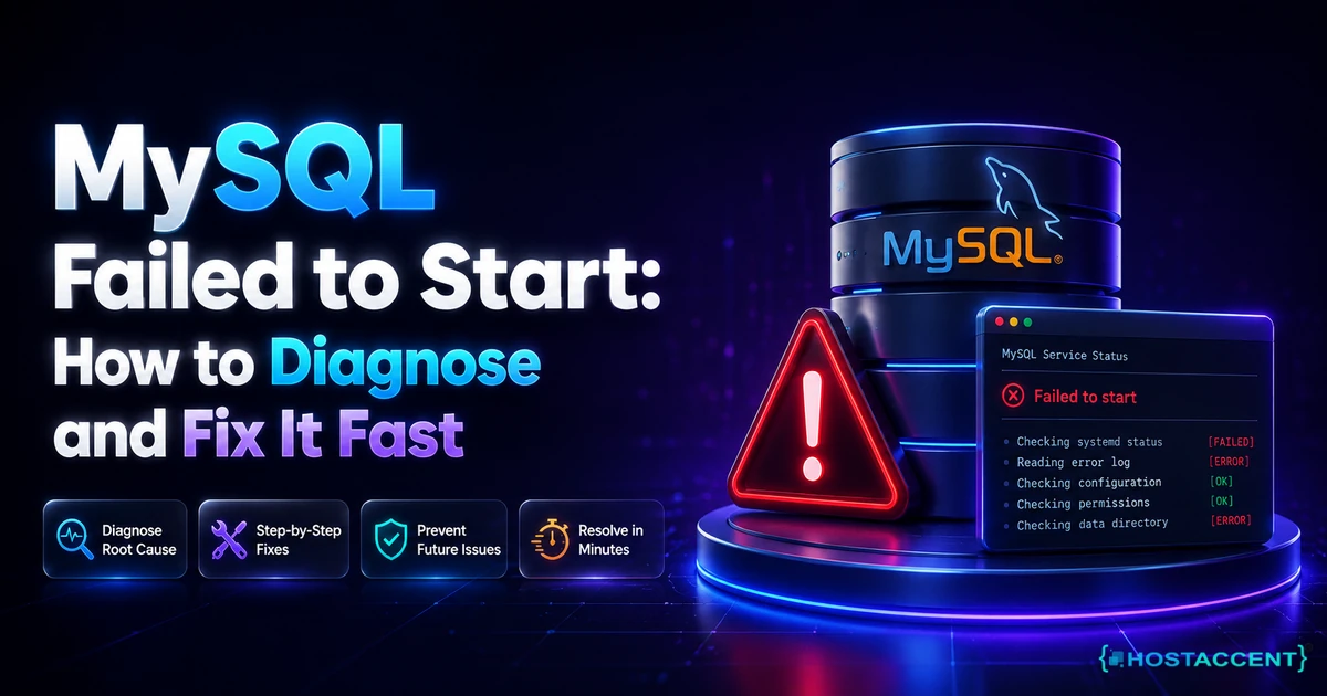 MySQL failed to start error on a Linux server terminal, showing the systemctl status output and the fix steps for 2026