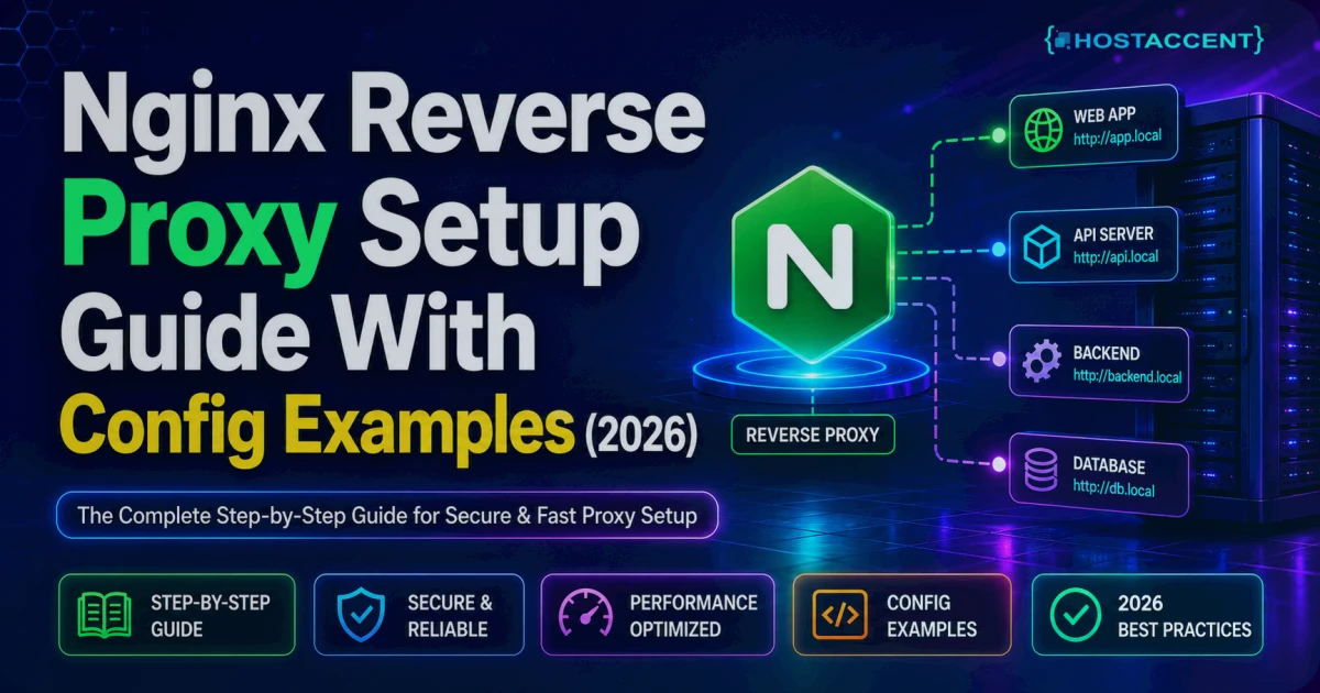 Diagram of an Nginx reverse proxy routing client requests to multiple backend apps on one VPS server in 2026