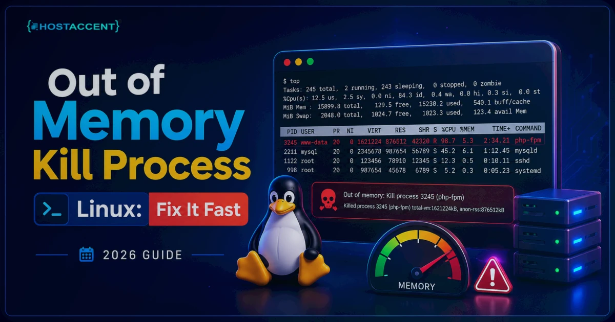 Terminal showing an out of memory kill process Linux error in dmesg with the OOM killer terminating a MySQL process in 2026