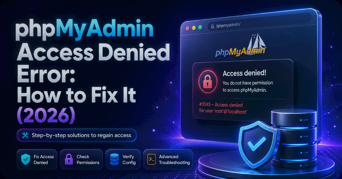 phpMyAdmin Access Denied error 1045 explained, with the credential, host, and privilege fixes for cPanel and VPS in 2026