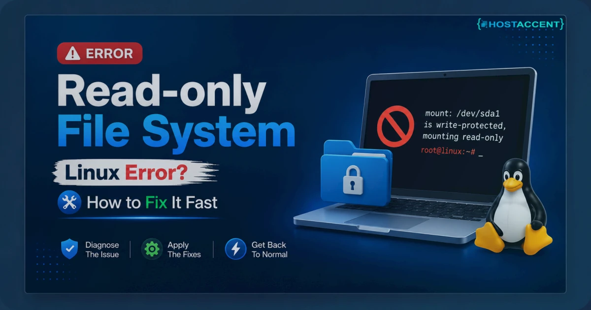 Terminal showing a read-only file system Linux error with fsck and remount commands to fix a corrupted disk in 2026