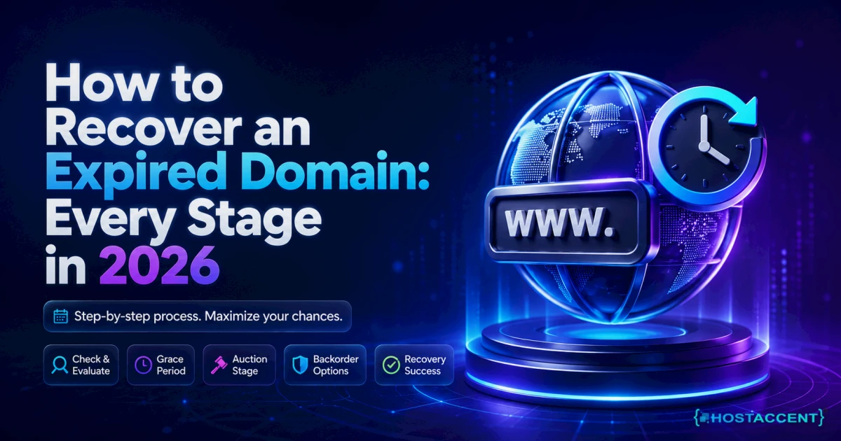 How to recover an expired domain shown as a timeline through grace, redemption and auction stages in 2026