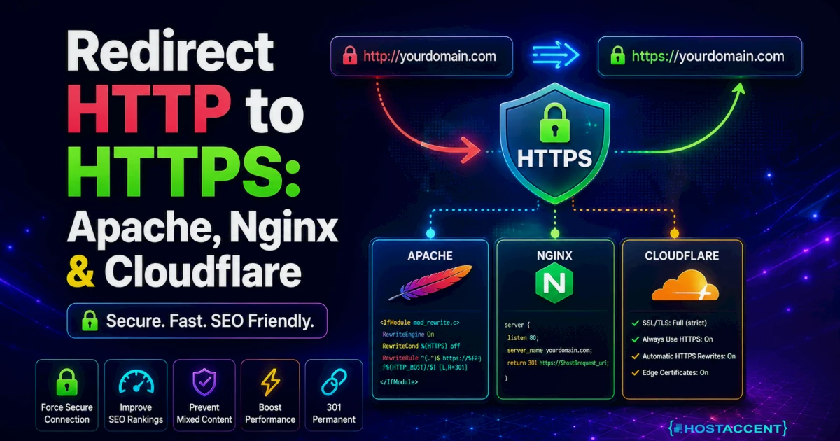Diagram of how to redirect HTTP to HTTPS on Apache, Nginx and Cloudflare using a 301 rule, updated for 2026