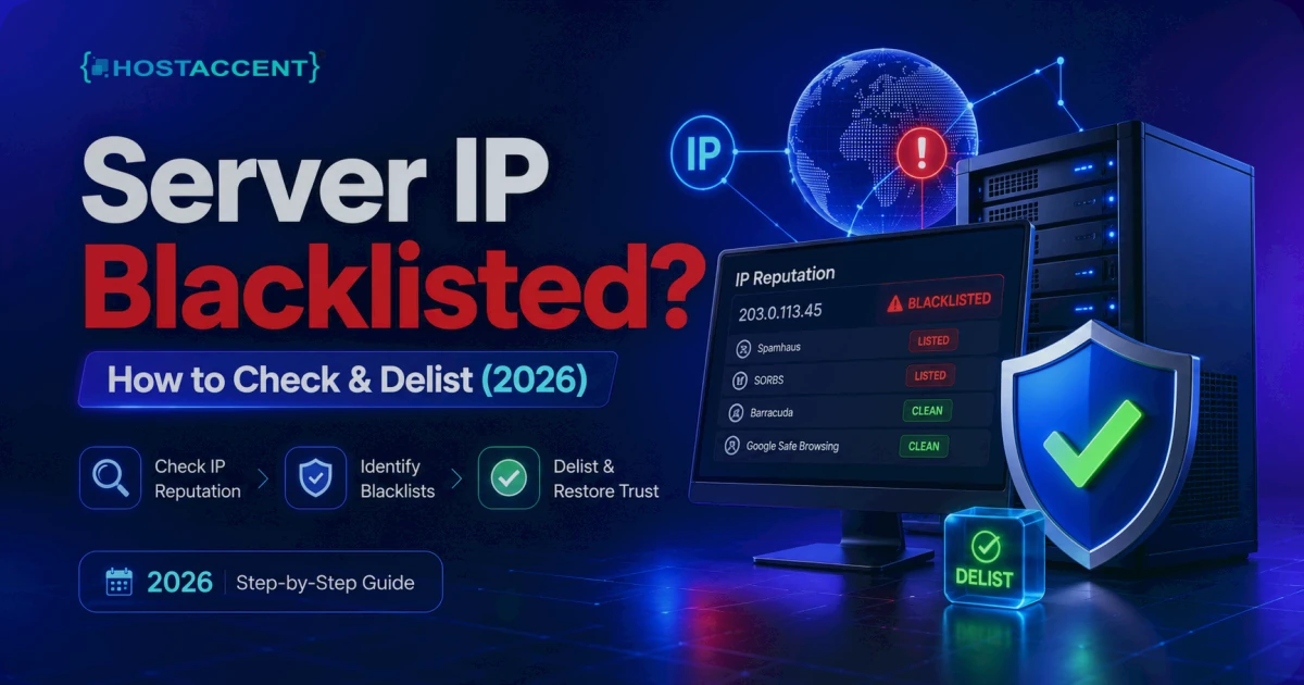 Mail server admin checking a server IP blacklisted on Spamhaus and submitting a delisting request to restore email in 2026