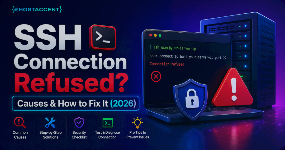 Terminal window showing an SSH connection refused error on port 22 with the step-by-step fix commands for 2026