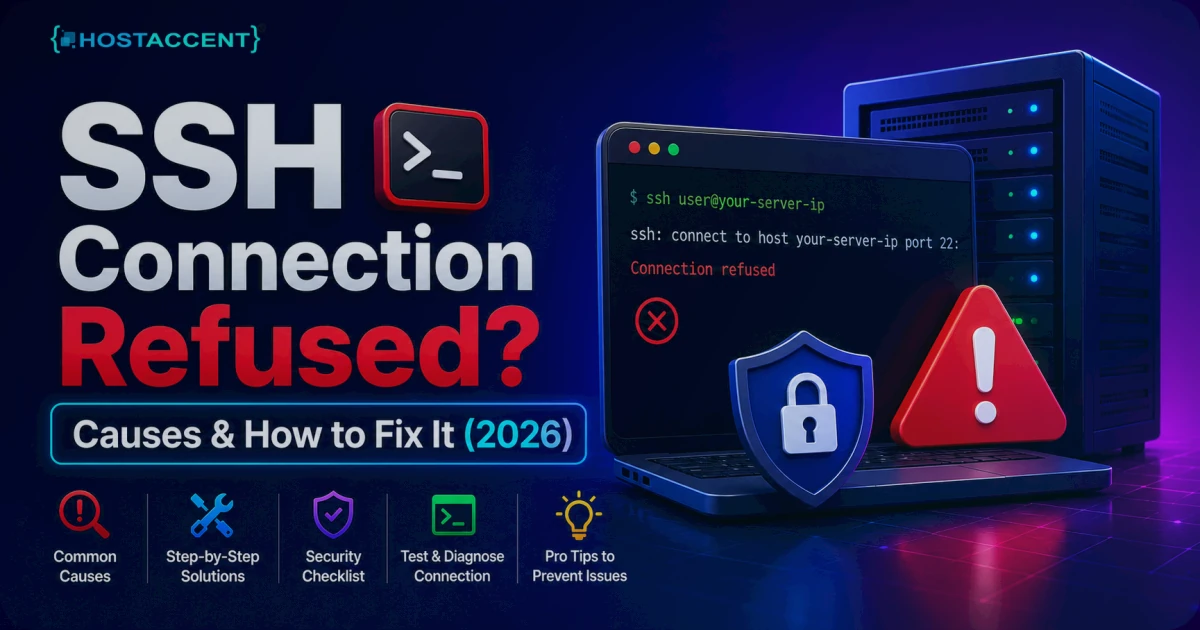 Terminal window showing an SSH connection refused error on port 22 with the step-by-step fix commands for 2026