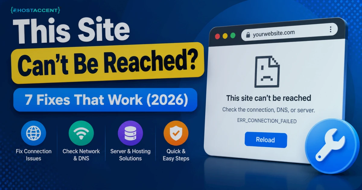 This site can't be reached error in Chrome beside a checklist of 7 working fixes for 2026