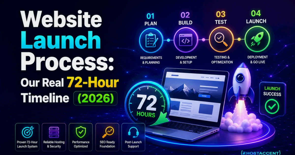 website launch process timeline showing domain, hosting, SSL, and go-live steps over 72 hours in 2026
