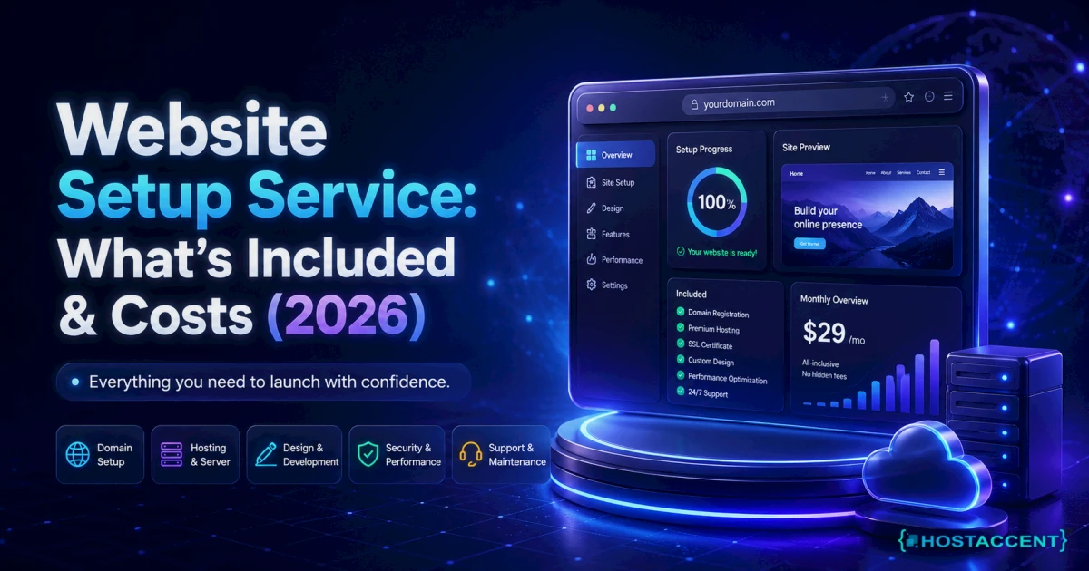 Checklist illustration of a complete website setup service showing domain, hosting, SSL and site launch steps for 2026