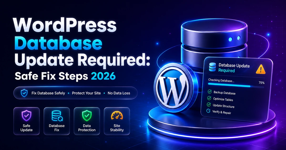 WordPress database update required screen on a live site, with the safe upgrade and cache-clearing fix for 2026