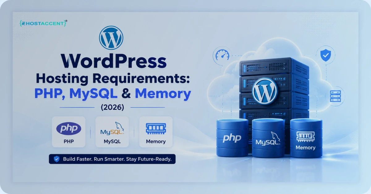 Infographic of WordPress hosting requirements for 2026 showing PHP version, MySQL and MariaDB, and memory limits explained