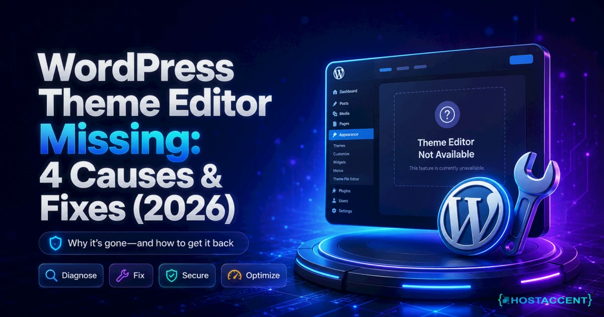 WordPress theme editor missing from the Appearance menu, with the DISALLOW_FILE_EDIT constant shown in wp-config.php