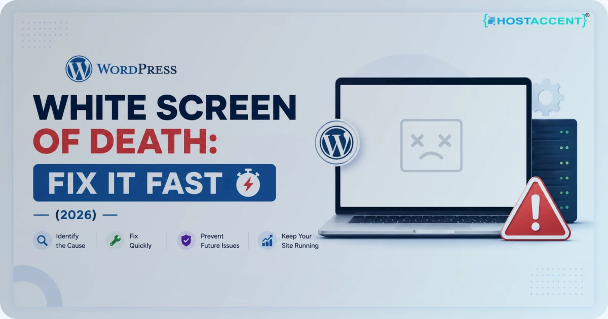 Troubleshooting screen showing the WordPress white screen of death with step-by-step blank page fixes for 2026
